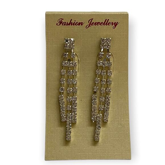 Diamond CZ 3 Strand Bling Drop Dangle Earrings - Picture 2 of 2